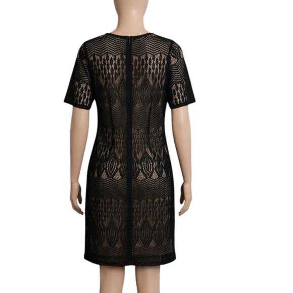 Sharagano Women's Black Lace Overlay Nude Lined Sheath Dress Sz 8 Cocktail Party - Picture 8 of 9